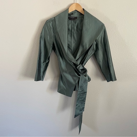 Max Mara Silk 2 Piece Set Wrap Jacket + Pencil Skirt Pianoforte Green Size 4 - Picture 2 of 16